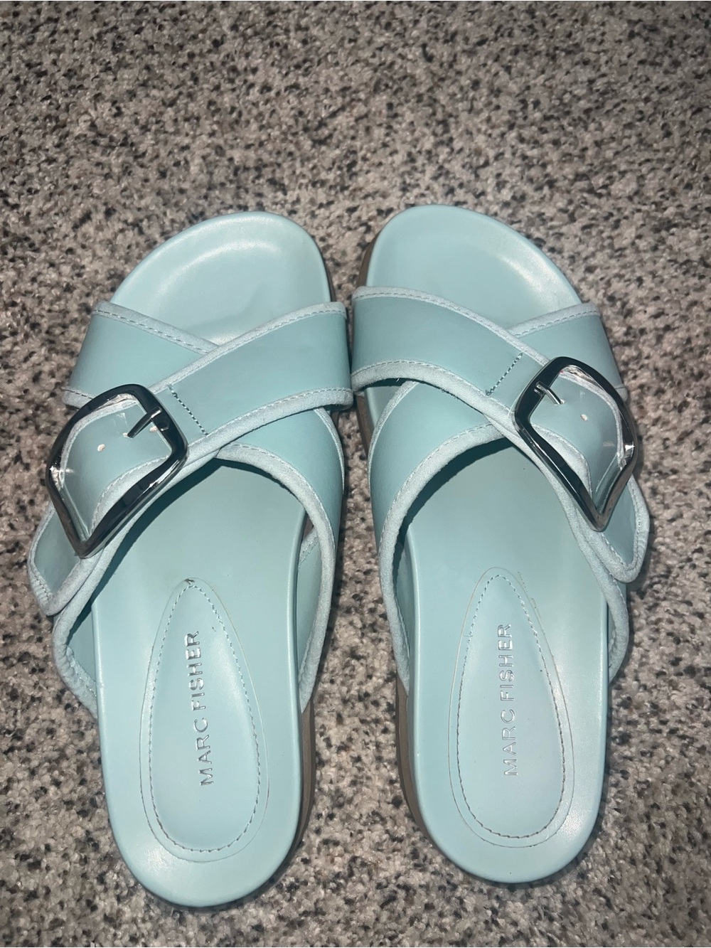 Marc Fisher Aqua Buckle Cross-Strap Mules